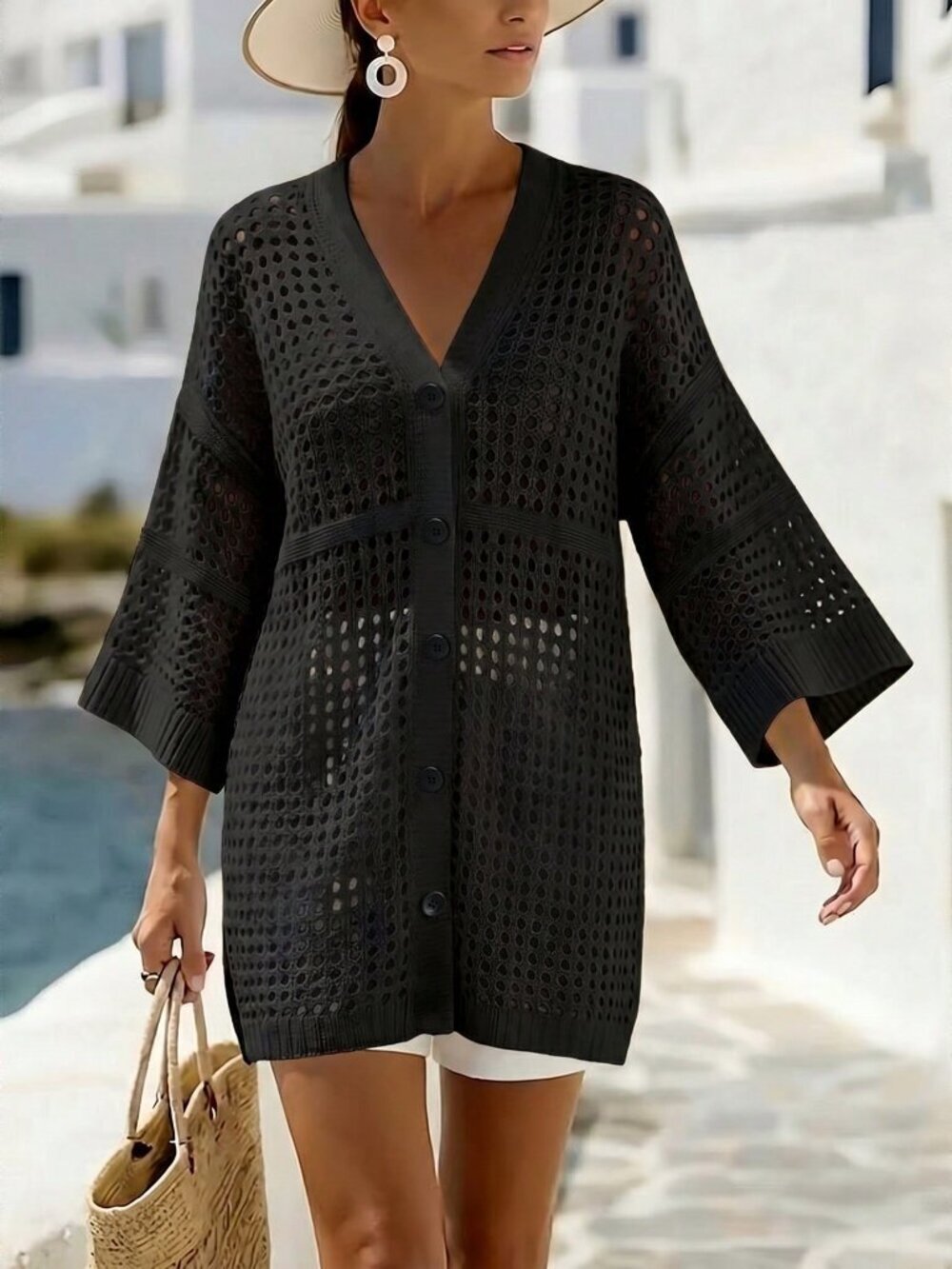 Black Casual Women's V-Neck Sleeveless Mesh Loose Cardigan - Picture 4 of 6